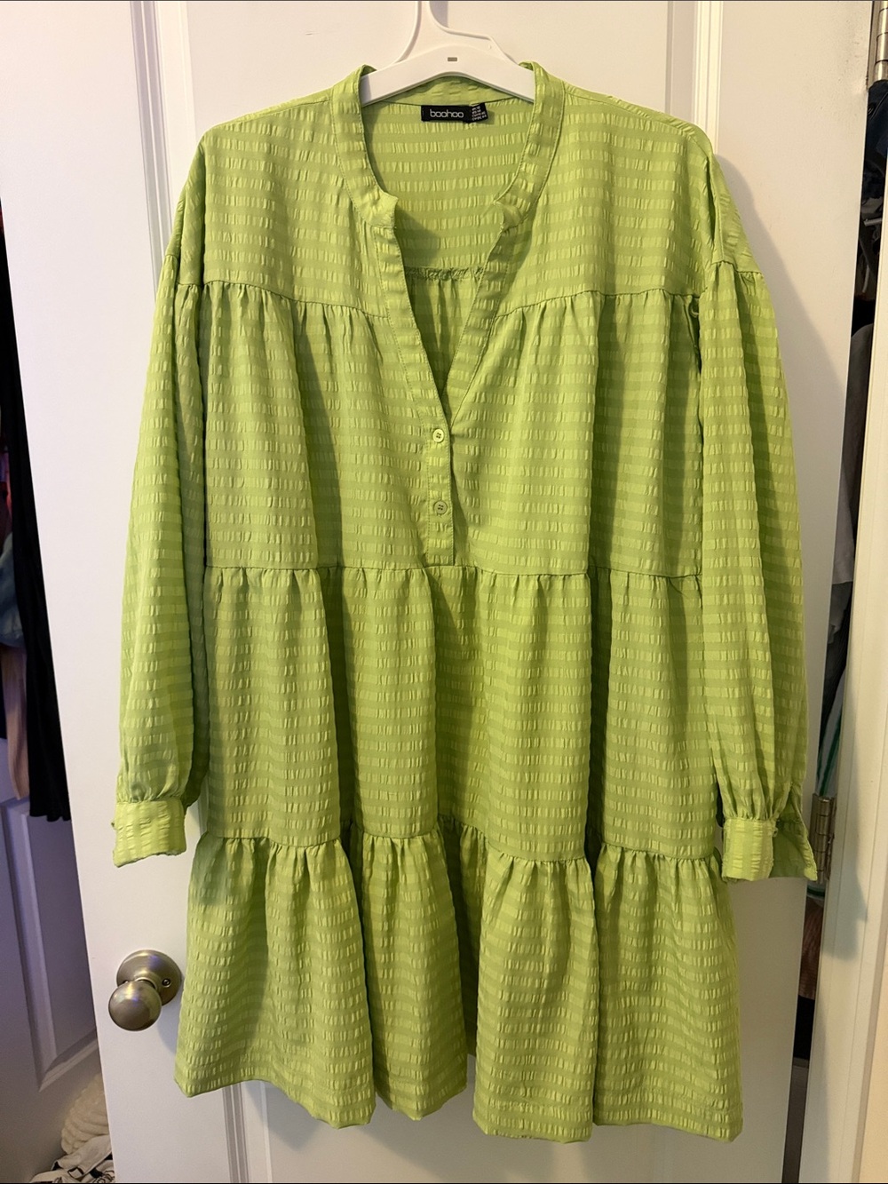 Boohoo Lime Green Tiered Long Sleeve Midi Dress